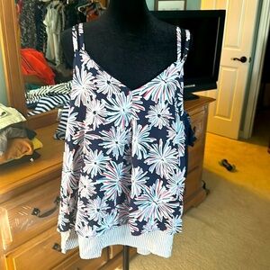 Crown & Ivy double spaghetti strap V-neck layered w/split back red, white & blue